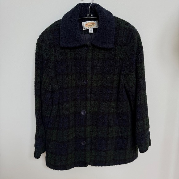 Talbots Navy Blue Hunter Green Checked Fuzzy Shacket‎ Coat Women's Petite Medium - Picture 2 of 5